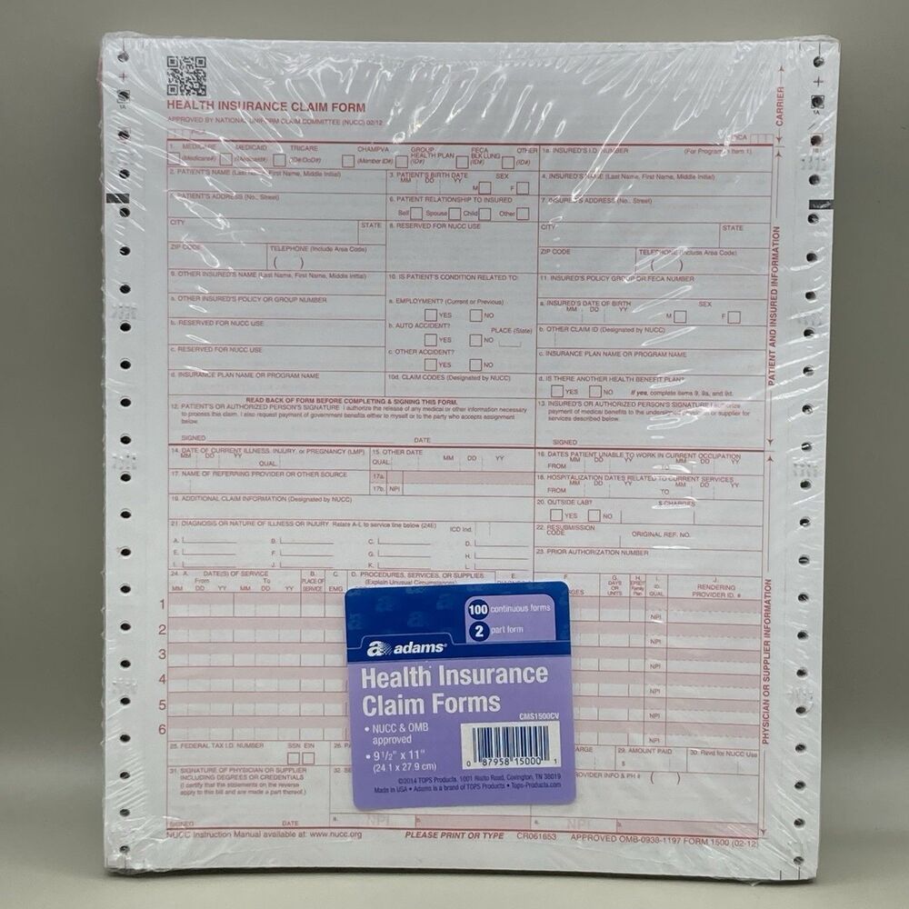 New! Adams Health Insurance Claim Forms 100 Pages Sheets 2 Part Carbonless Set